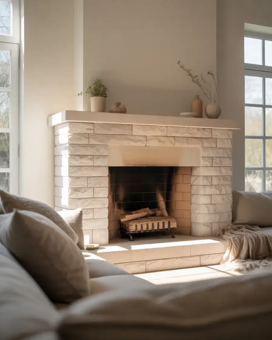 Soft White Stone Fireplace Look 2