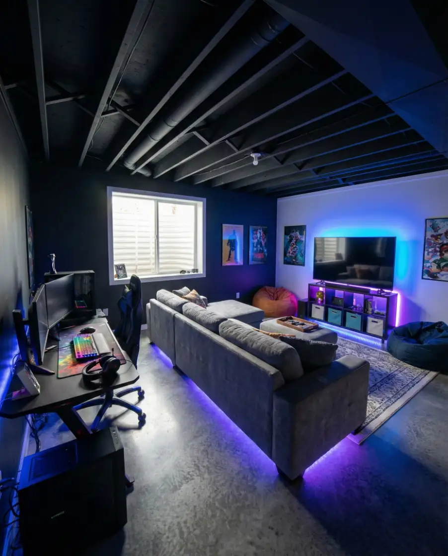 Teen Basement Hangout with Black Ceiling Drama 1