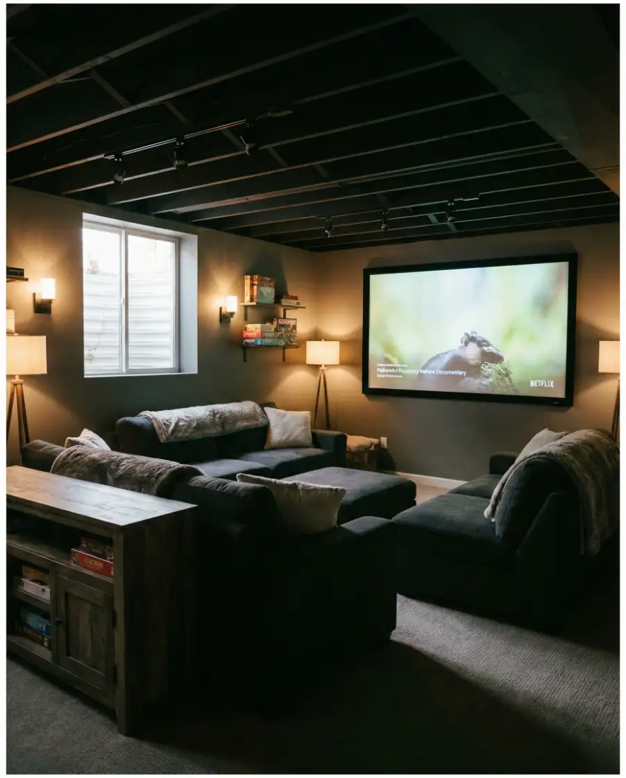 Teen Basement Hangout with Black Ceiling Drama 2