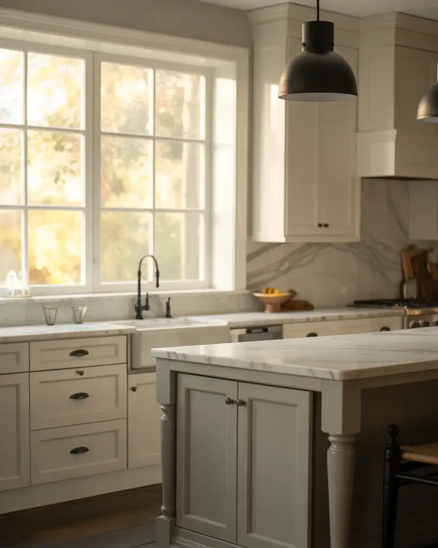 Transitional White Cabinets with Black and Gray Balance 1