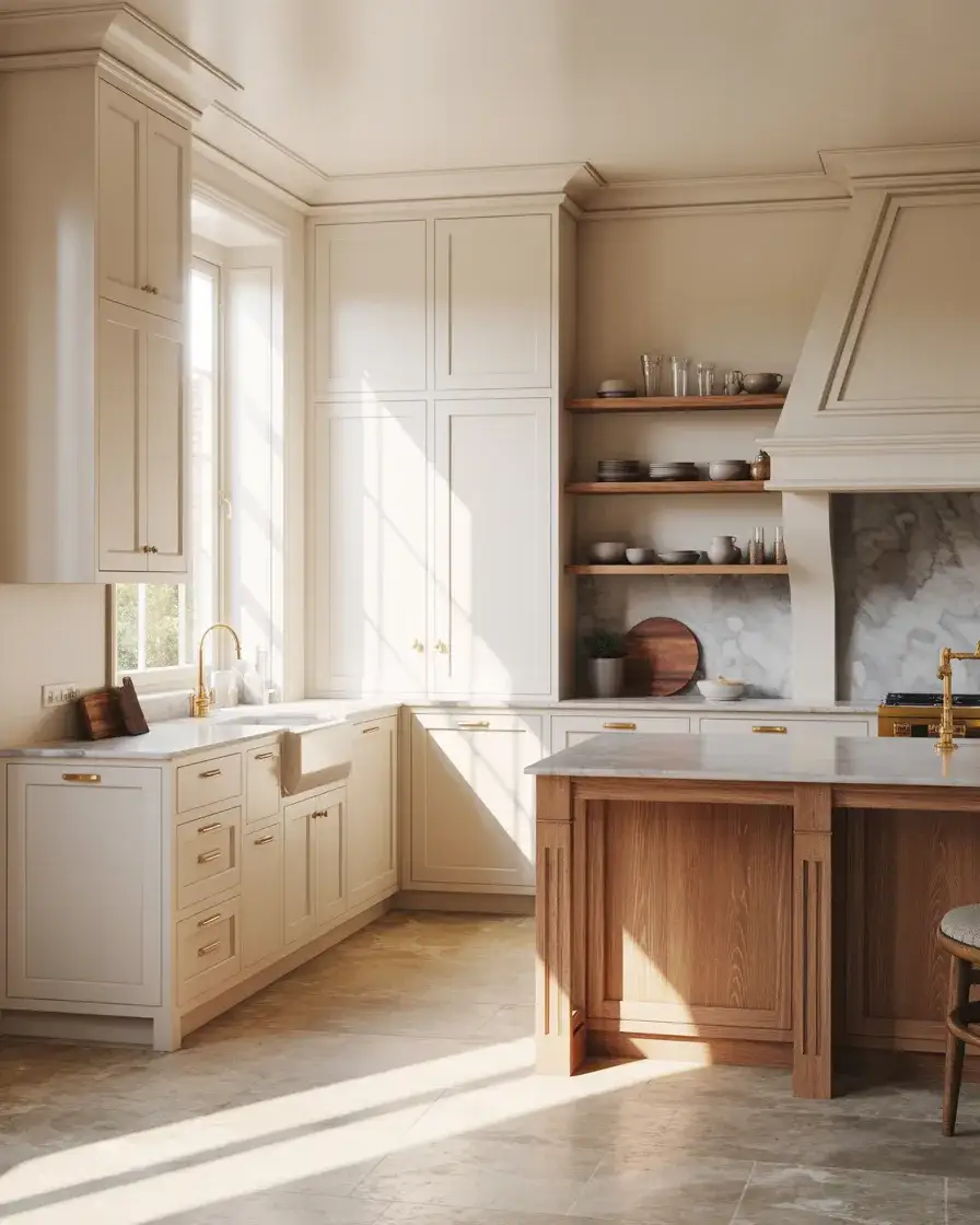 Warm Traditional White Cabinets with Oak Details 1