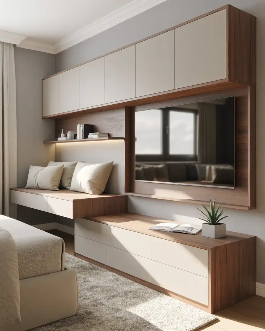 Bedroom TV Wall with Built-In Desk 1