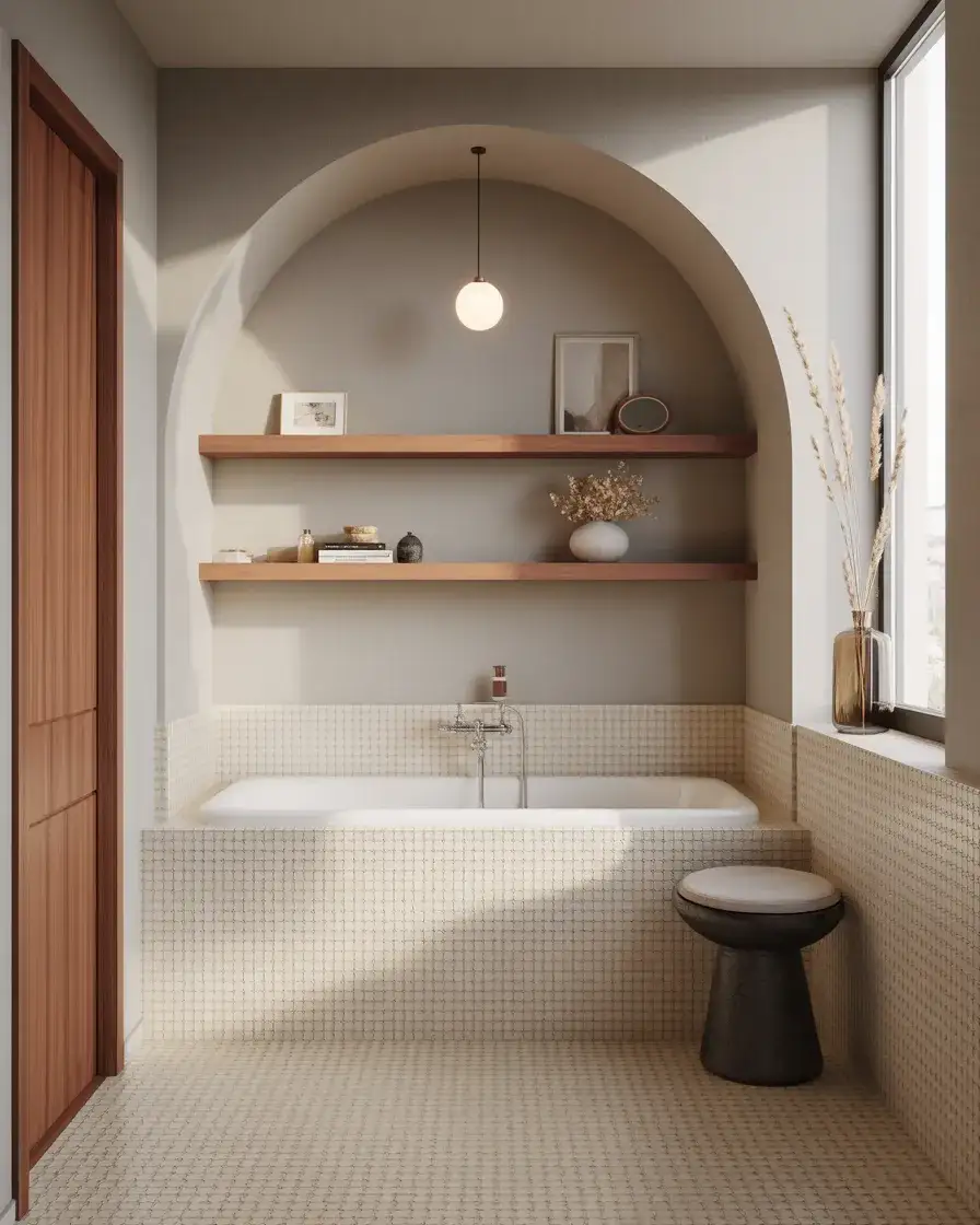 Compact Bathroom With Decorative Tub Area 1