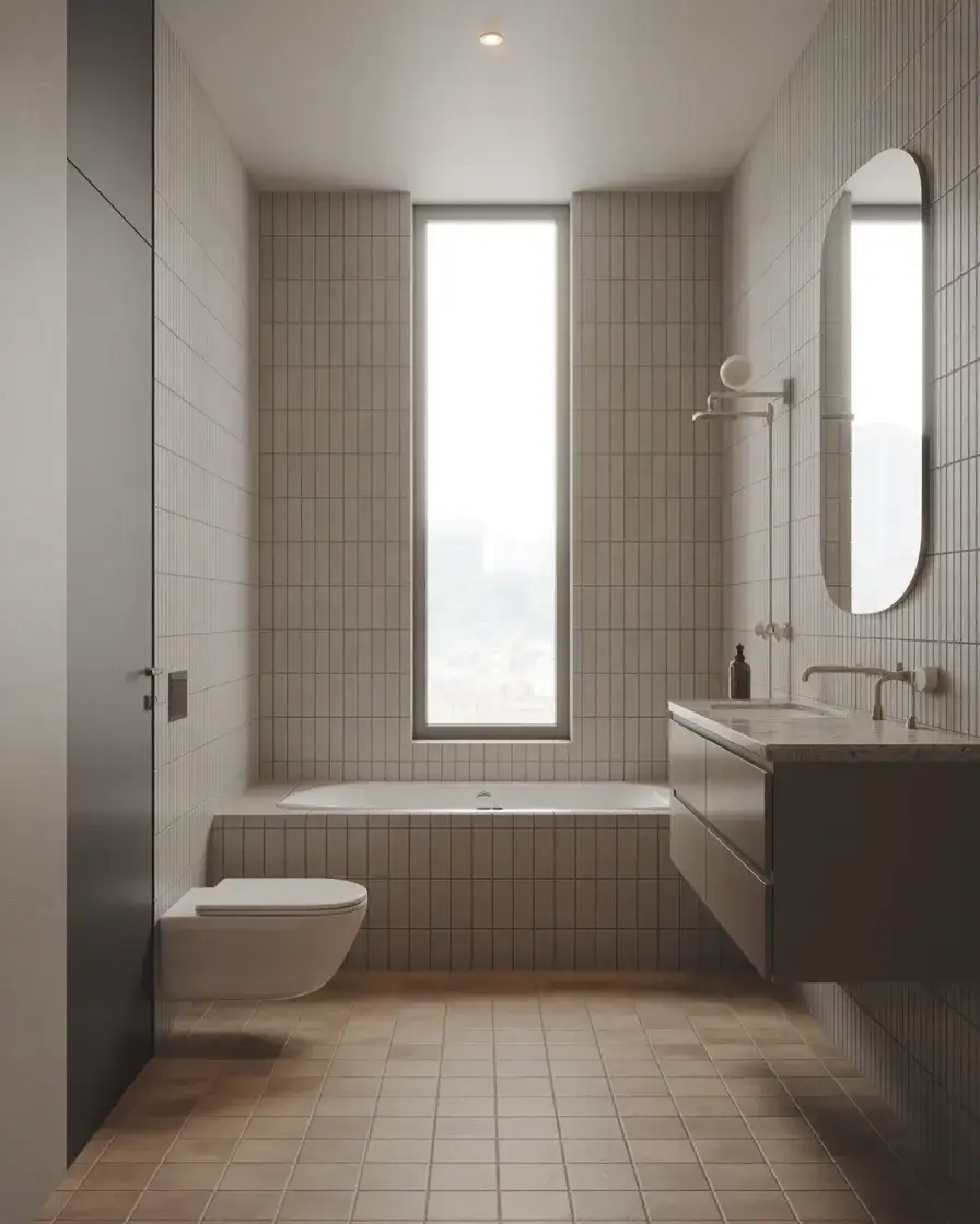 Grey Minimalist Bathroom With Built-In Tub 1