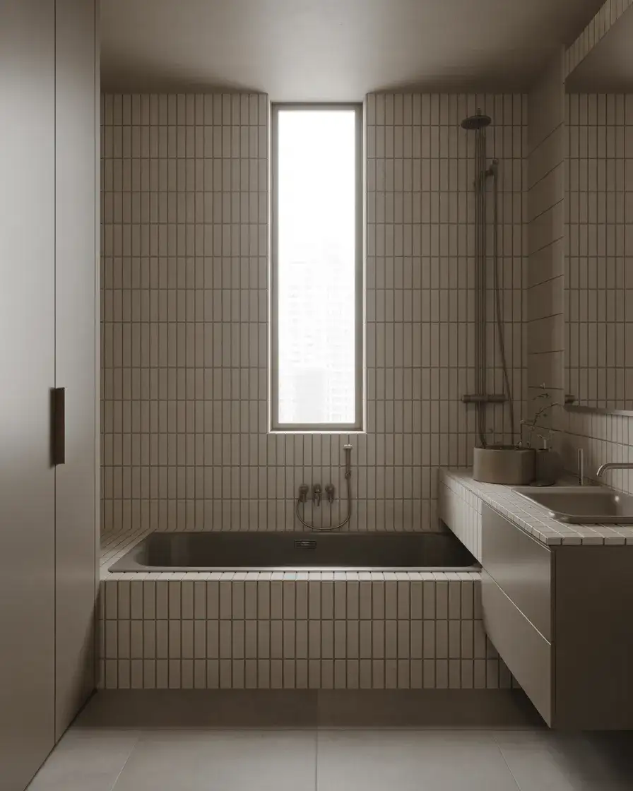 Grey Minimalist Bathroom With Built-In Tub 2