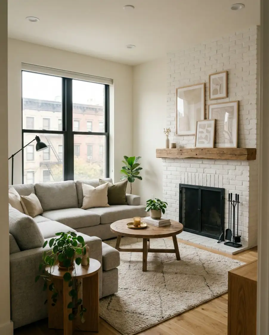 Grey Sofa with Fireplace Focus 1