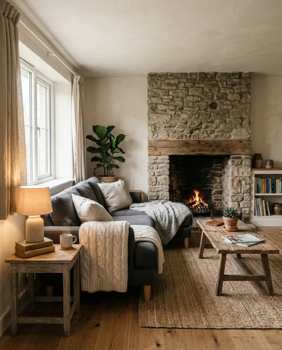 Grey Sofa with Fireplace Focus 2