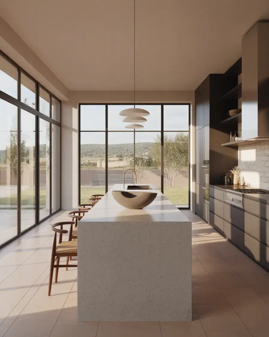 Long Modern Island with Sculptural Decor 1