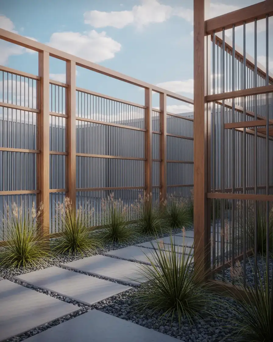 Metal Panel Fence with Wooden Frame 1