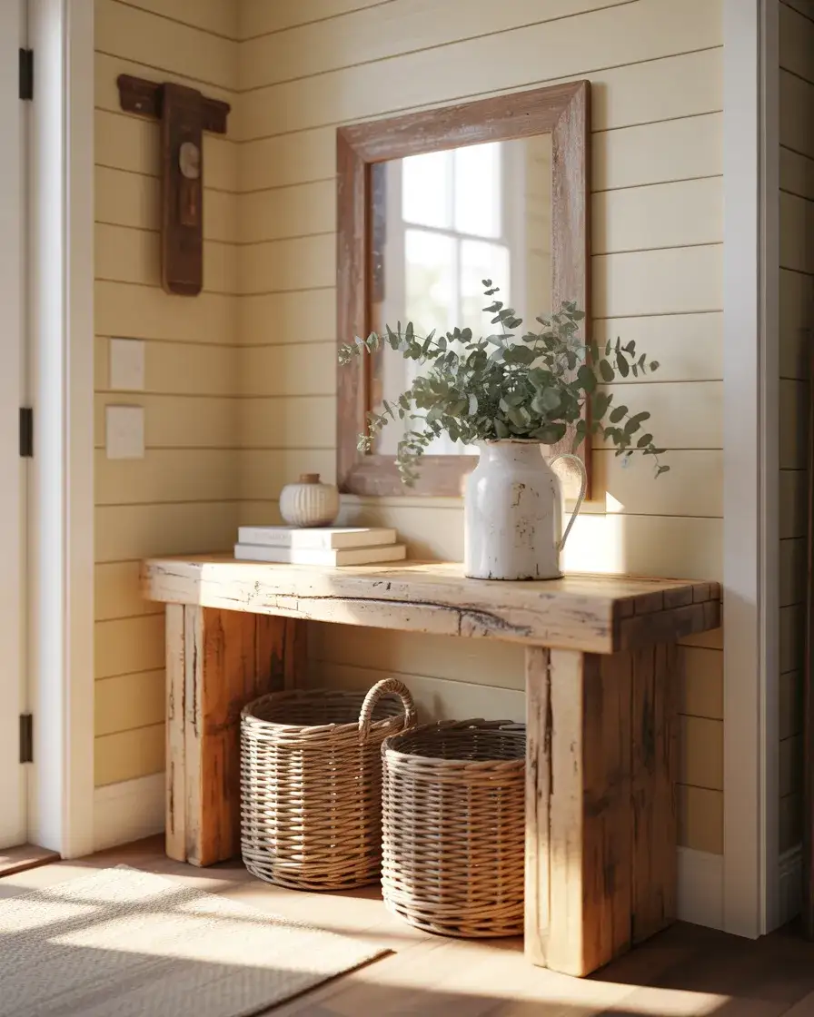 Rustic Farmhouse Entry Table with Warm Wood 1