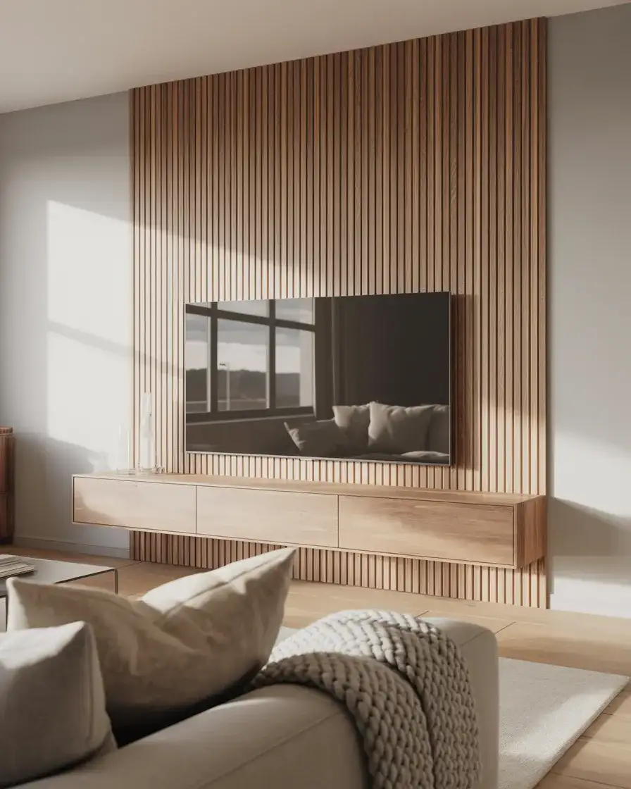 Scandinavian Wood Panel TV Wall 1