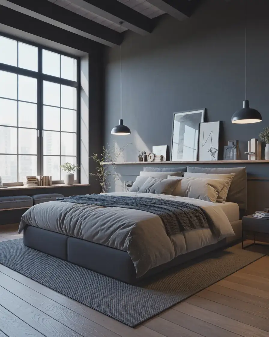 Sophisticated Dark Grey Loft Bedroom 1