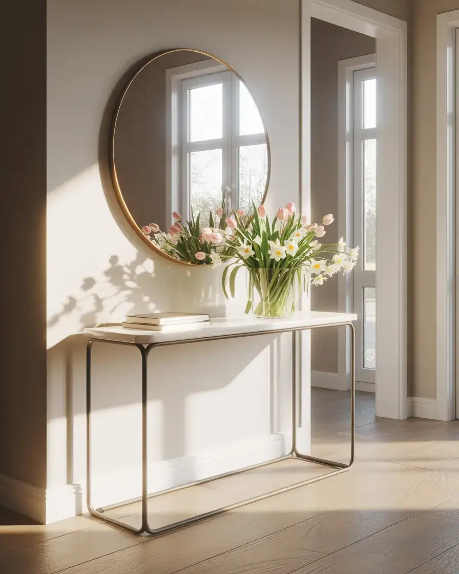 White Entry Table with Light Spring Decor 1