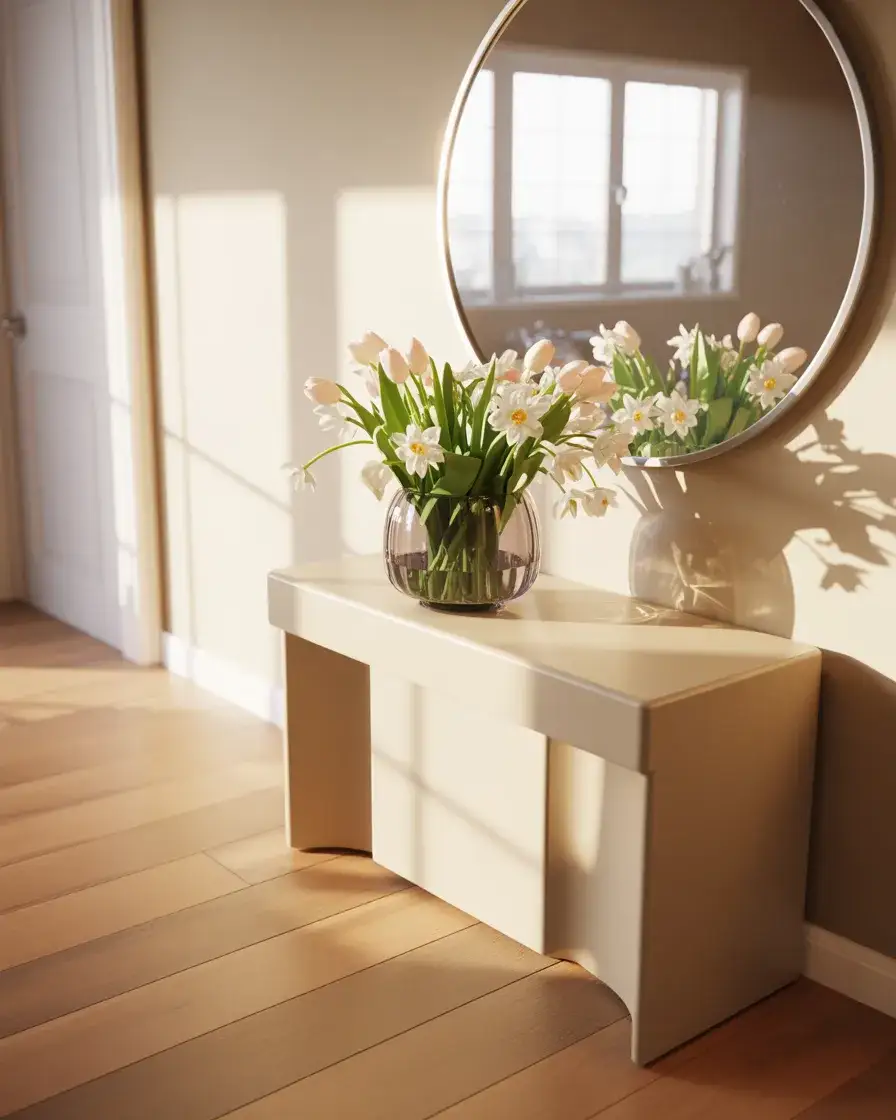 White Entry Table with Light Spring Decor 2