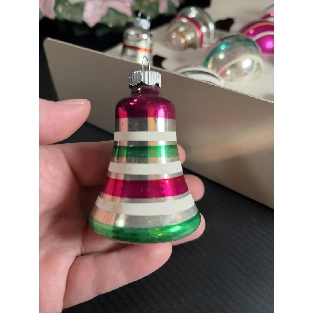 10 Shiny Brite Ornaments 2.5-3' Striped UFO Bell Tree Round READ