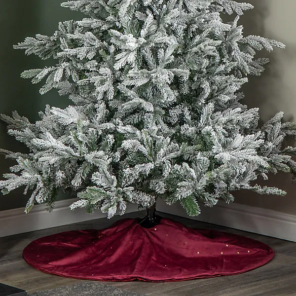 1.2m Soft Burgundy Velour Christmas Tree Skirt with Gold Star Print