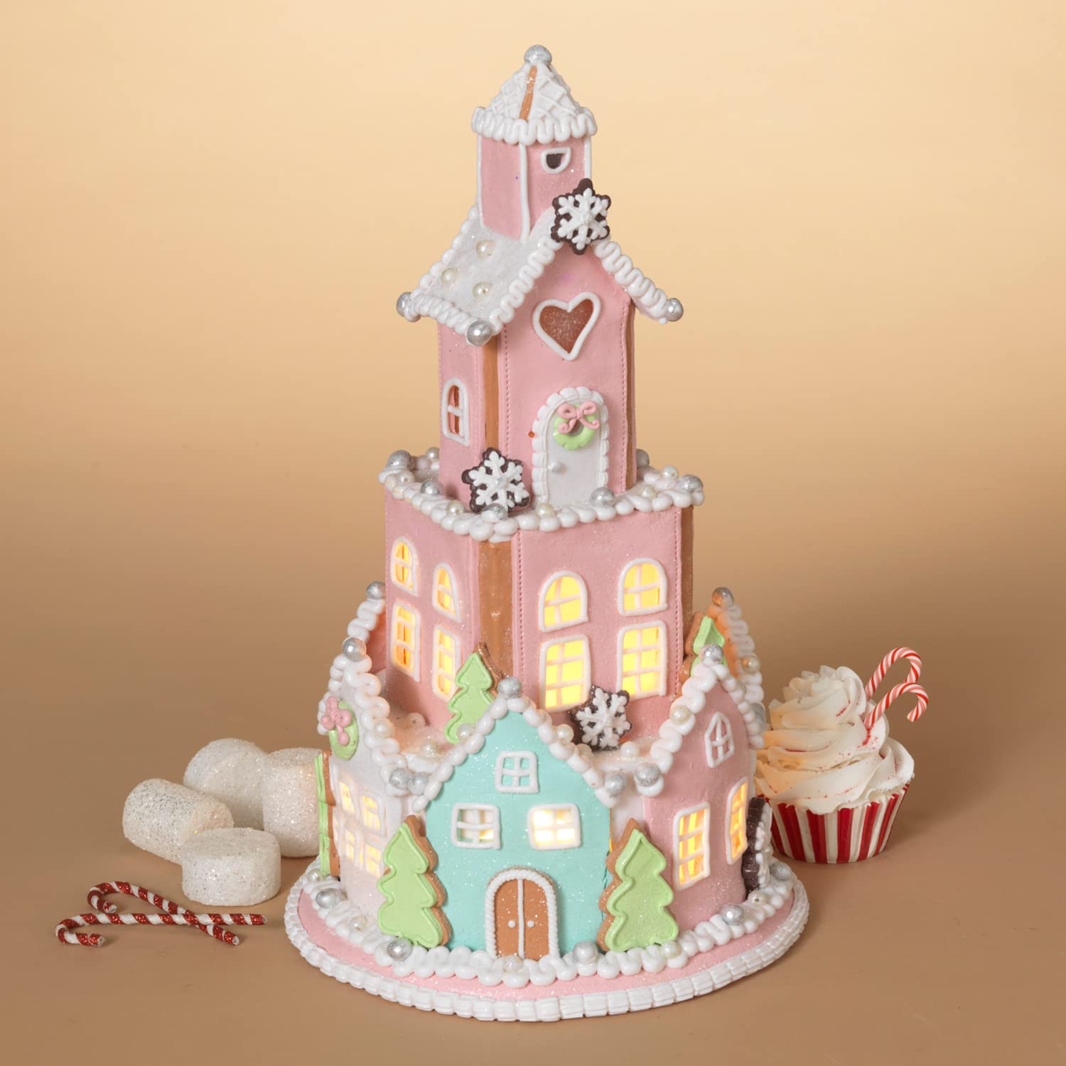 13.5-Inch LED Light Up Pastel Pink Faux Gingerbread House Candy Castle -  One Holiday Way