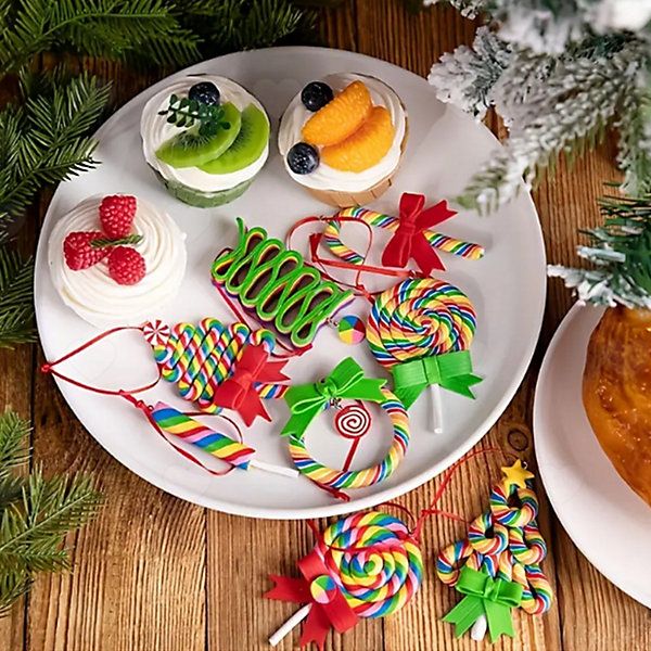 16PCS Christmas Lollipop Ornaments, Rainbow Polymer Clay Candy Style  Hanging Decorations for Xmas Tree Festive Home