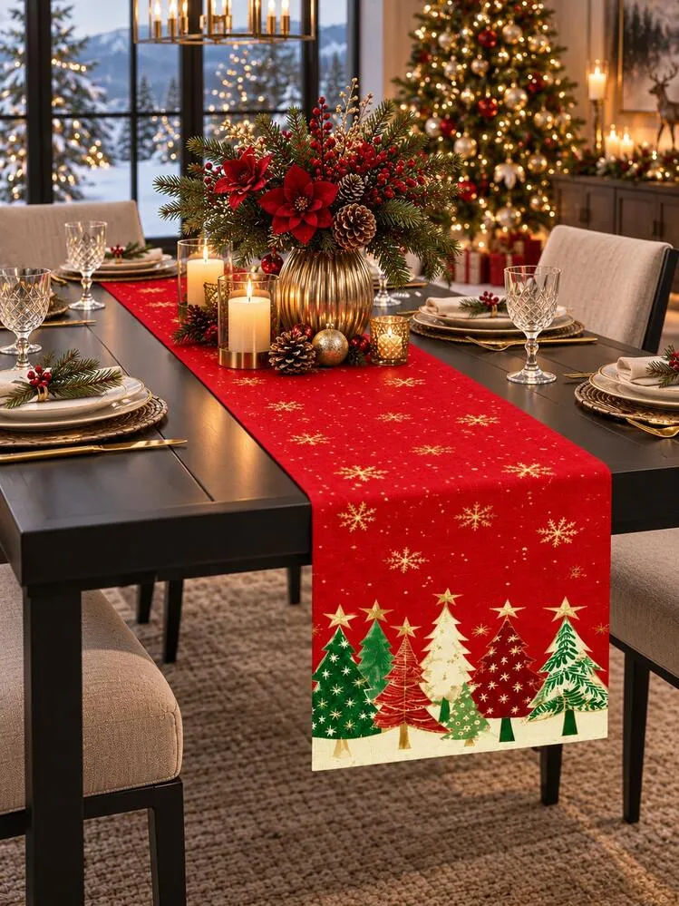 1pc Christmas Table Runner, Red With Colorful Christmas Tree And Star  Pattern, Winter Holiday Tabletop Center Decor, Christmas Dinner Party Restaurant  Dining Table Arrangement | SHEIN EUQS