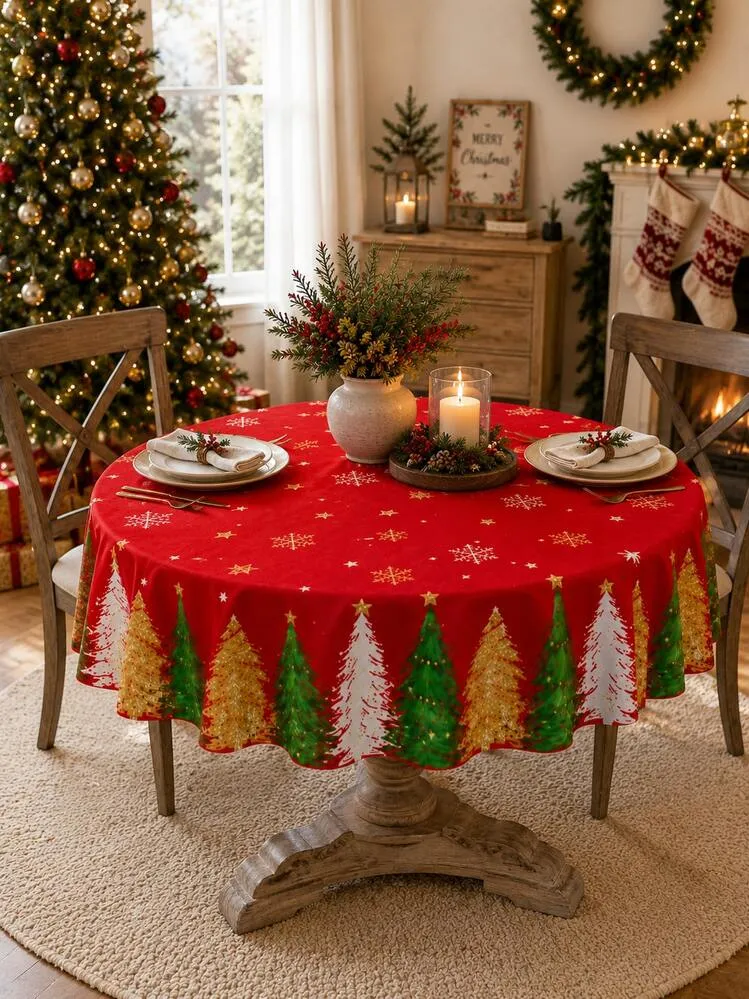 1pc Christmas Tablecloth, Red Christmas Tree & Snowflake Pattern, Holiday  Decor Tablecloth, Suitable For Dining Table, Christmas Party, Home Kitchen  Dinner Setting | SHEIN USA