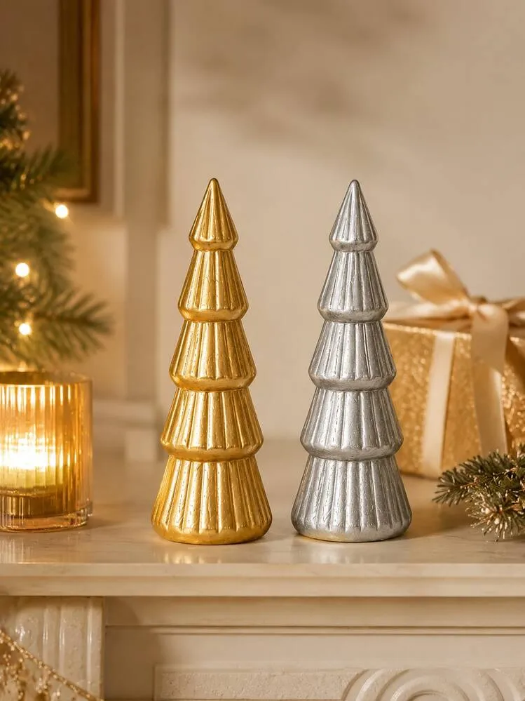 1pc Gold & Silver Christmas Tree Ornament, Modern Metallic Texture Holiday  Tabletop Decor, Elegant Christmas Decoration, Suitable For Fireplace  Mantel, Bookshelf, Desk And Living Room, Holiday Winte