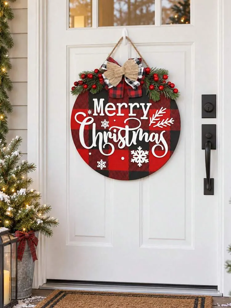 1pc Merry Christmas Door Sign, Red & Black Buffalo Plaid Round Wooden  Hanging Plaque With Bow, Pine Branch And Red Berry Decor, Rustic Farmhouse  Style Christmas Front Door Wreath Hanging Sign, Holid
