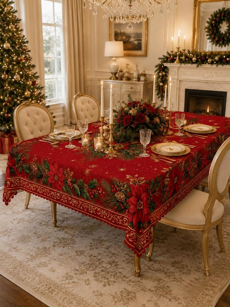 1pc Red Christmas Rectangular Tablecloth, Gold Trim Poinsettia Flower Holly  Pine Cone Print, Vintage European Style Holiday Dining Room Kitchen Decor,  Suitable For Christmas Dinner, Family Gathering
