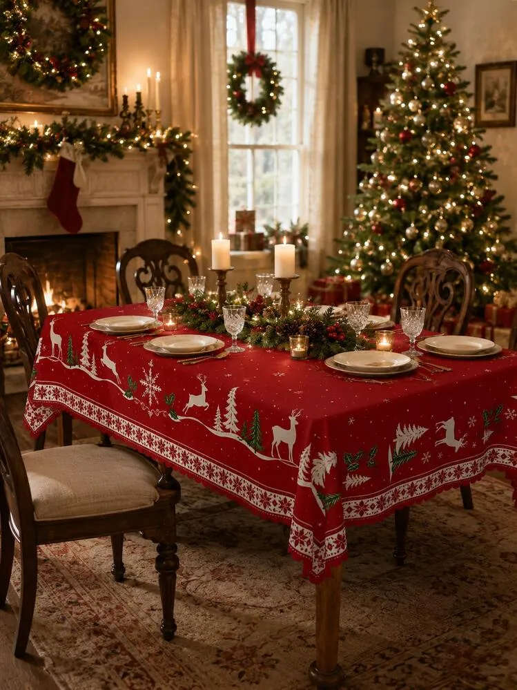 1pc Red Christmas Rectangular Tablecloth, Reindeer Snowflake Christmas Tree  Holly Print Tablecloth, Nordic Style Holiday Dining Room Kitchen Decor,  Suitable For Christmas Dinner, Family Gathering, P