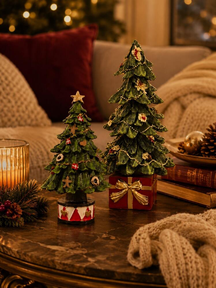 1pc Resin Christmas Tree Ornament Set, Vintage Green Desktop Decor With  Star Topper, Pearl Garland, Gift Box And Drum Base, Suitable For Fireplace  Mantel, Dining Table, Entryway, Christmas Home Deco