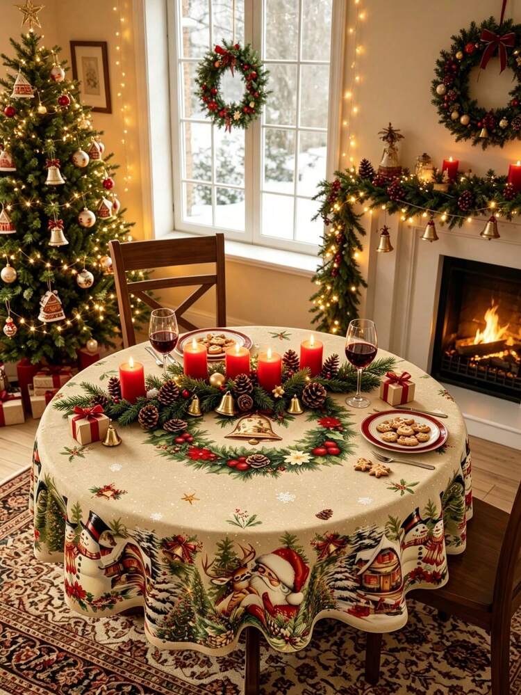 1pc Vintage Christmas Round Tablecloth With Santa Claus, Reindeer, Snowman  And Christmas Tree Pattern Design, Christmas Party Tablecloth, Tablecloth,  Christmas Decoration, Christmas Party Decor, Roo