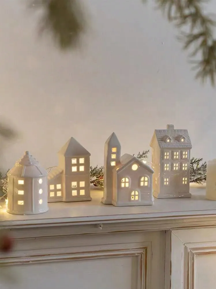 1pc White Ceramic Christmas Village Houses, Lighted Porcelain Winter Village  Set, Farmhouse Mantel Tabletop Holiday Decor, Button Batteries | SHEIN EUR