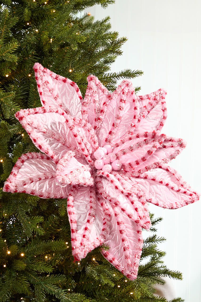 30' Giant Candy Snow Glitter Poinsettia Stem - Pink/Red
