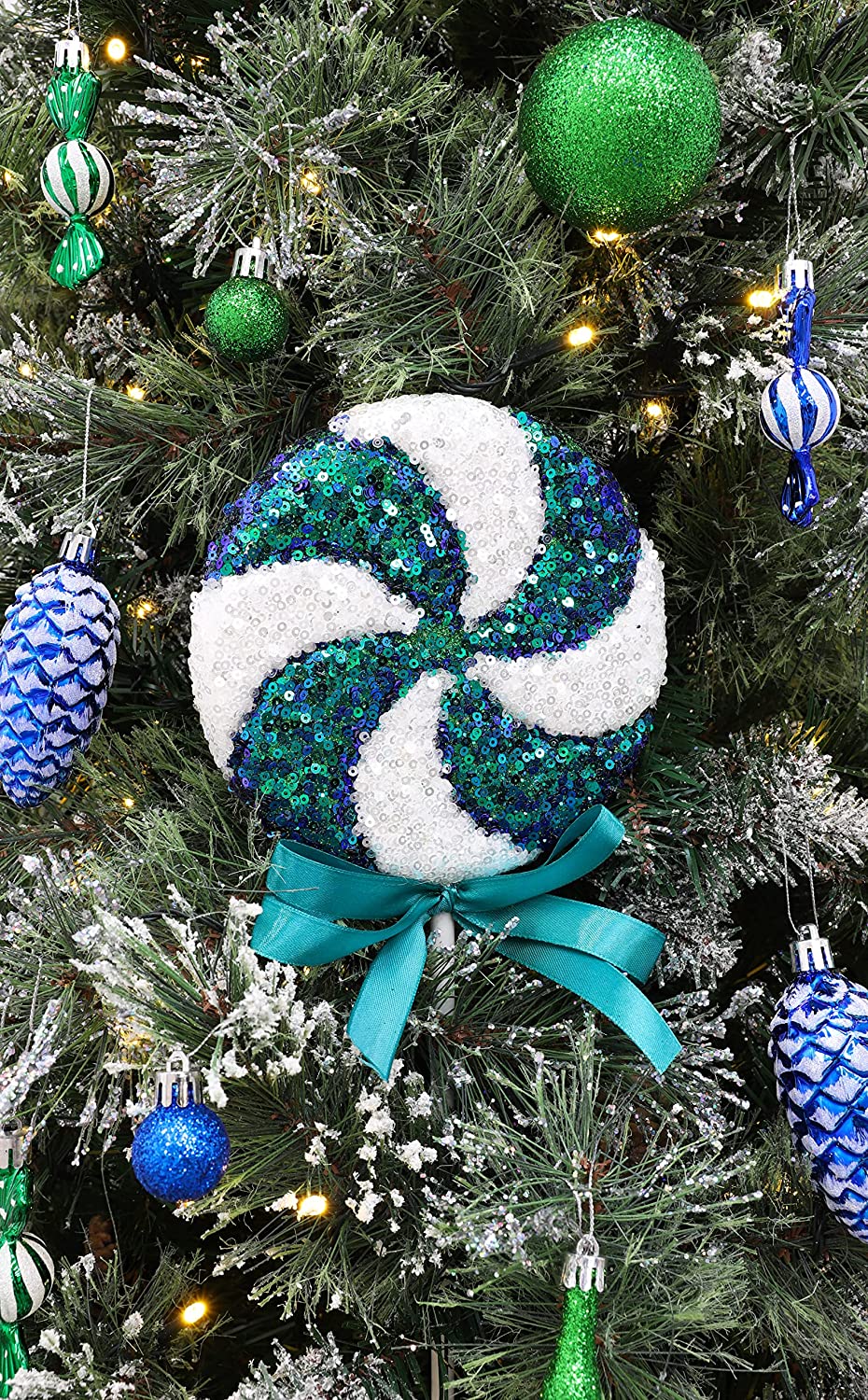 36cm Giant Sparkly Sequin Lollipop Christmas Decoration - Turquoise / Blue  & White – Christmas Tree Ornaments - Christmas Concepts