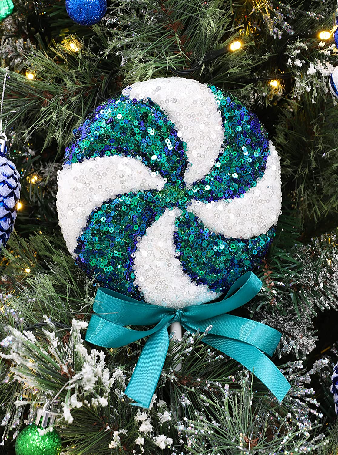 36cm Giant Sparkly Sequin Lollipop Christmas Decoration - Turquoise / Blue  & White – Christmas Tree Ornaments