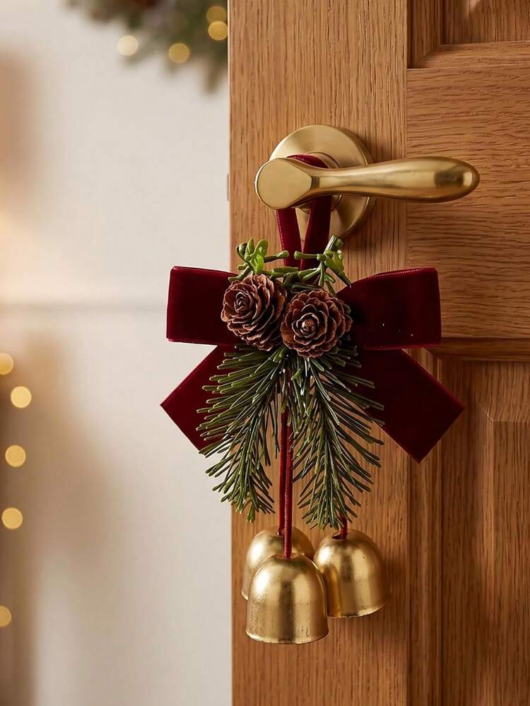 3pcs Christmas Velvet Bow Bell, Artificial Pine Cone Metal Bell Pendant, Christmas Home Atmosphere Decoration Small Items, Suitable For Indoor Decor, Christmas Tree, Window Display, Holiday Home Arr