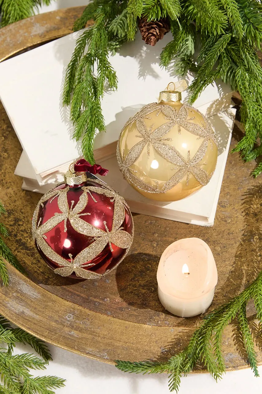 4” Gold & Burgundy Ball Glass Ornament Gold