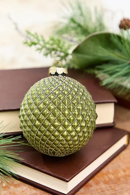 4' Green Glass Quilted Glitter Check Ball Ornament - Decorator's Warehouse