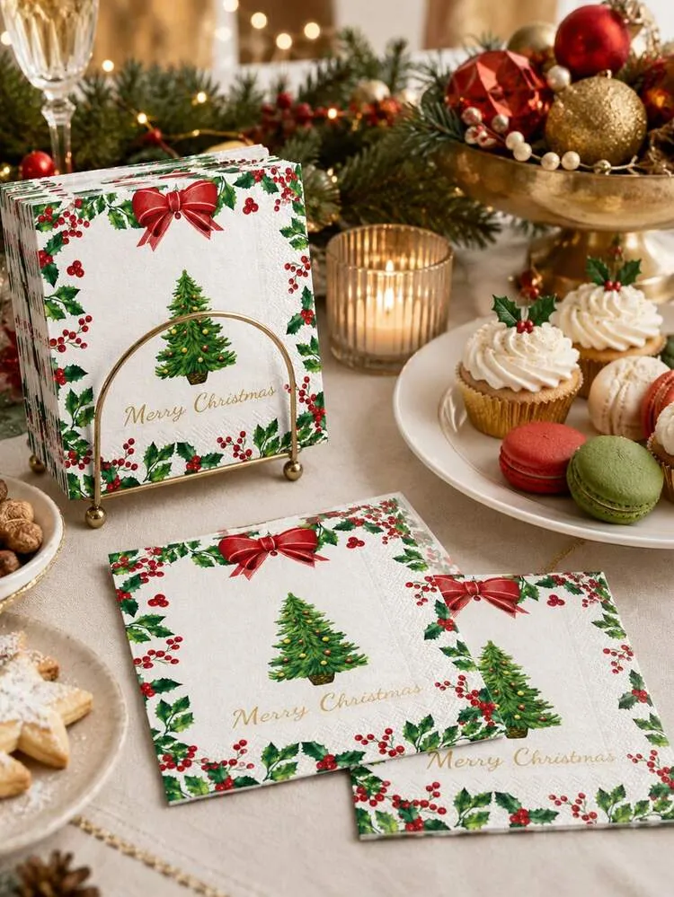 48/1sheet-Christmas Tree Disposable Paper Napkins, Merry Christmas Red Bow  Berry Print Napkins, Christmas Party Table Decor, Christmas Decorations,  Christmas Party Supplies, Room Decor, Christmas Ho