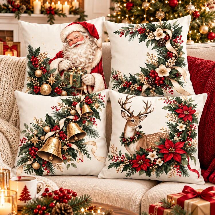 4pcs Vintage Christmas Pillow Covers, Santa Claus, Winter Deer, Golden  Bell, Poinsettia And Holly Berry Patterns,
