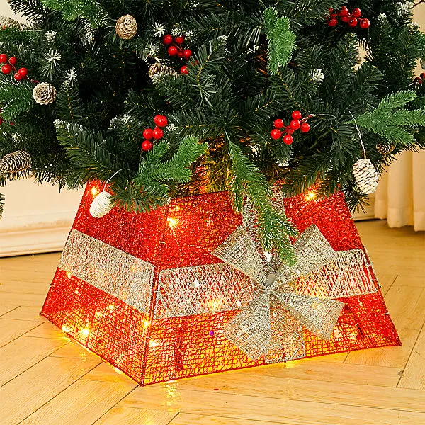 50cm Square Red Metal Christmas Tree Collar with Lights and Bow Accent