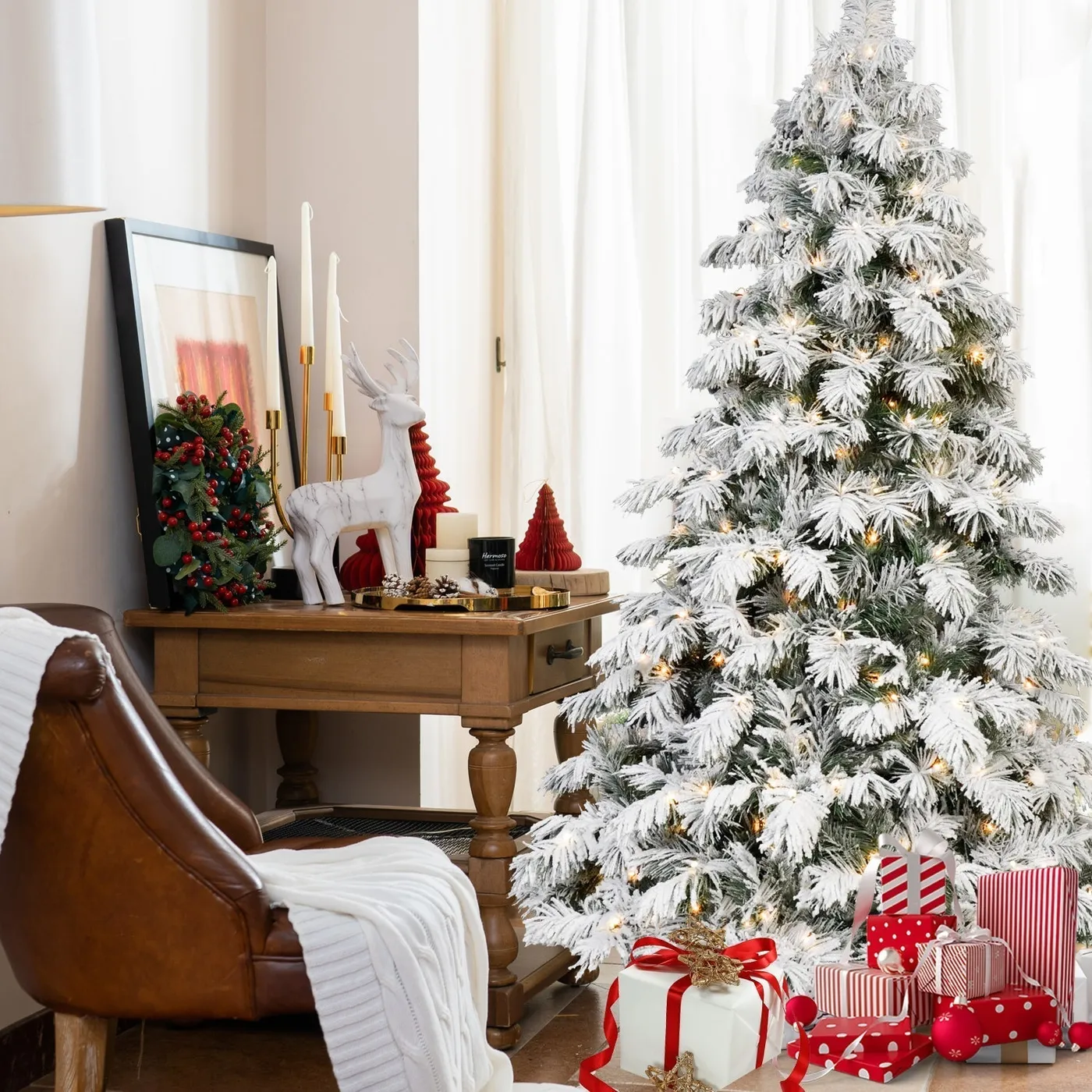 5FT 6FT 7FT 8FT Prelit Flocked Christmas Tree With Light, Snowy Pine D –  Naz Online Mart