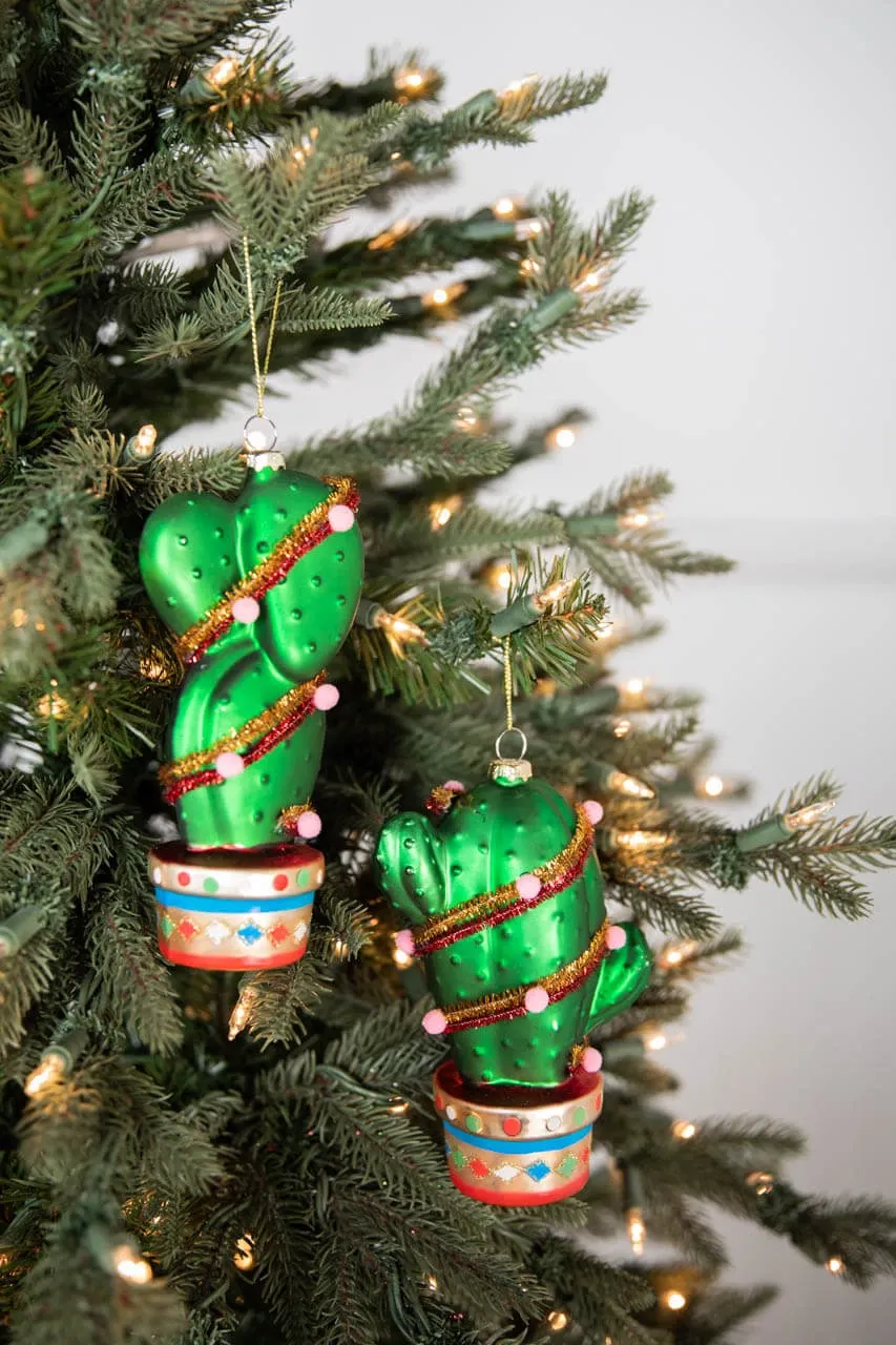 6” - 7' Glass Cactus With Pom Pom Ornament - Decorator's Warehouse