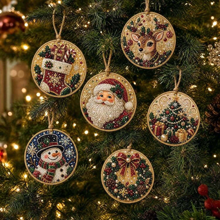 6/12pcs Christmas Decoration DIY Pearl Art Set, Adult Hanging Diamond Painting Christmas Ornaments, Includes Pearls, Shaped Rhinestones And Jute Rope, Christmas Decoration Handmade DIY | SHEIN
