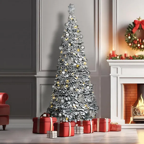 6ft Pre-Lit Pop Up Frosted Christmas Tree with Assorted Silver Baubles &  150 Warm White