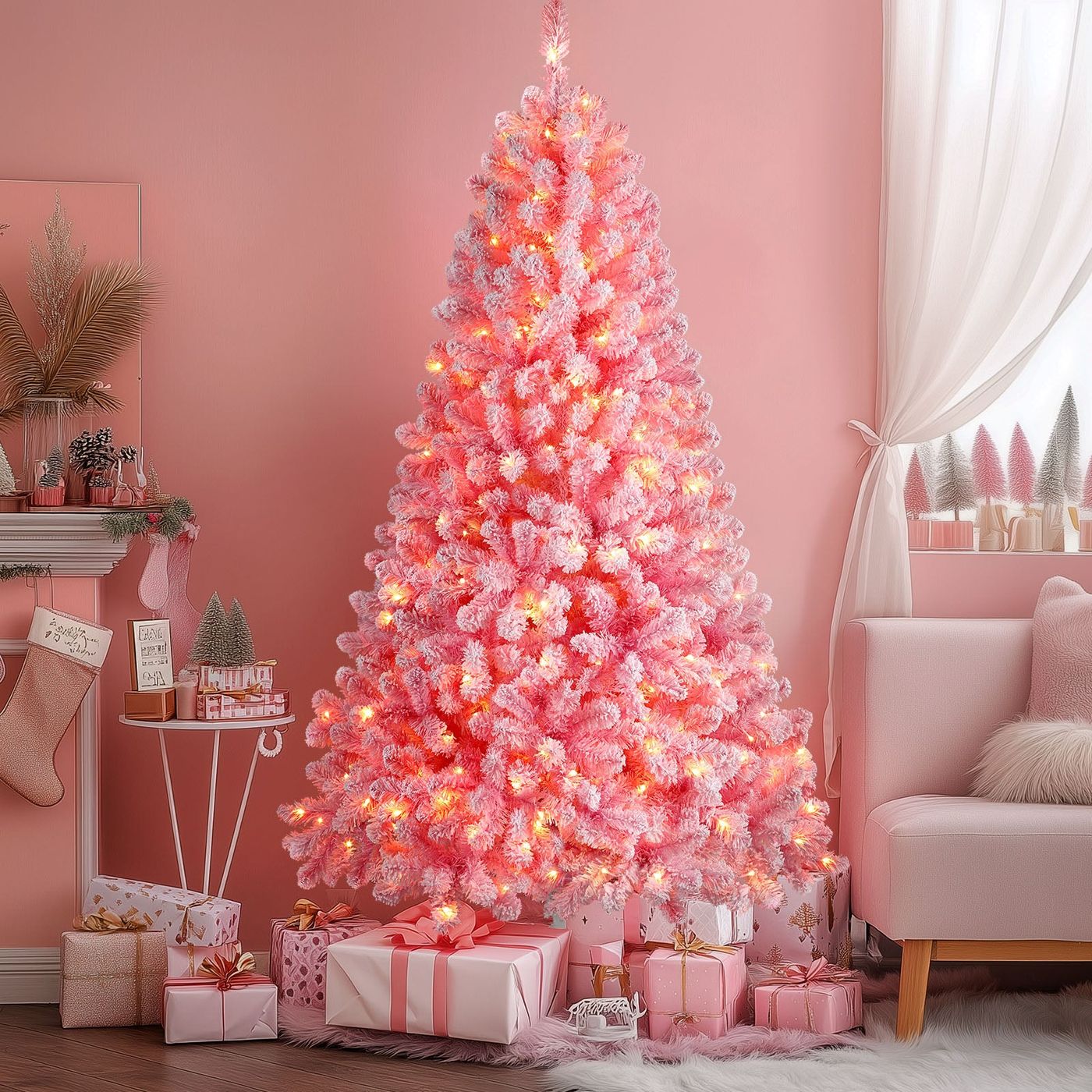 6ft Prelit Snow Flocked Artificial Christmas Tree - Pink