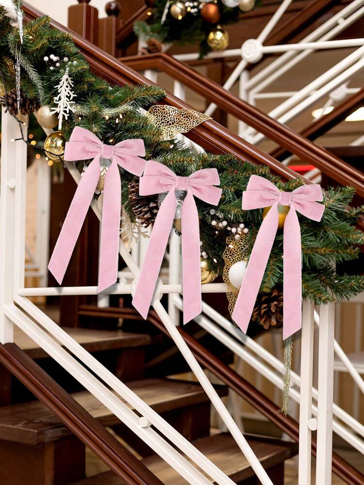 6pcs Velvet Christmas Bows,Pink Christmas Tree Bows,Festive Ribbon Gift Bows,Christmas Tree Decoration,For Holiday Wreaths, Decorations, And Rustic Crafts,Christmas Tree Accents Velvet Ribbon, Bows
