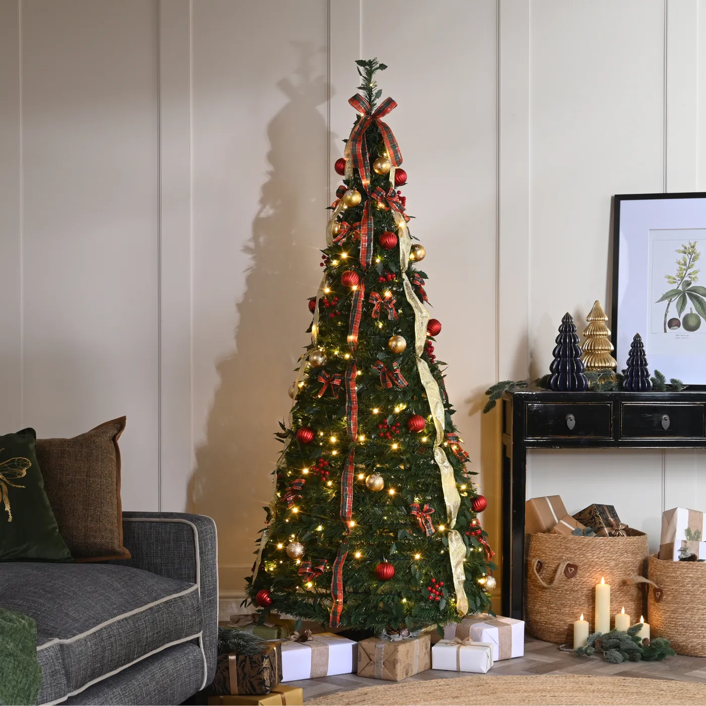 7ft Green Pop Up Christmas Tree with Red Gold Decorations and 230 Warm