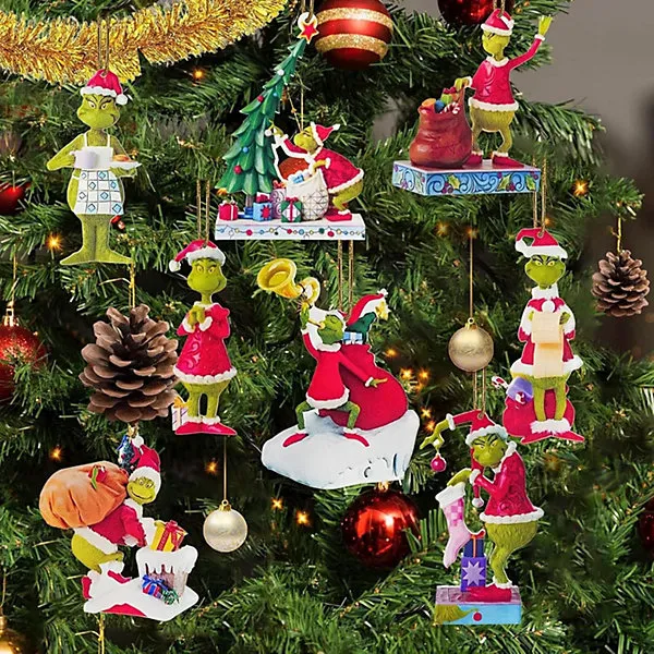 8PCS Grinch Christmas Ornament Decorations,8PCS Stocking Cap Funny Santa Ornament Decorative Xmas Decor Ornaments