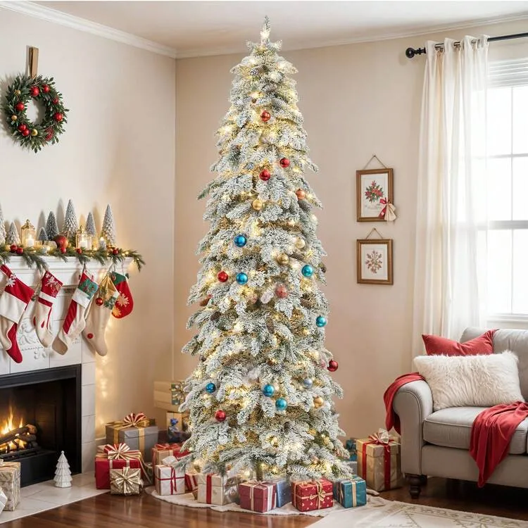 9ft Snow Flocked Pencil Spruce Artificial Christmas Tree With  Pinecones,Pre-Lit Holiday Christmas Pine Tree