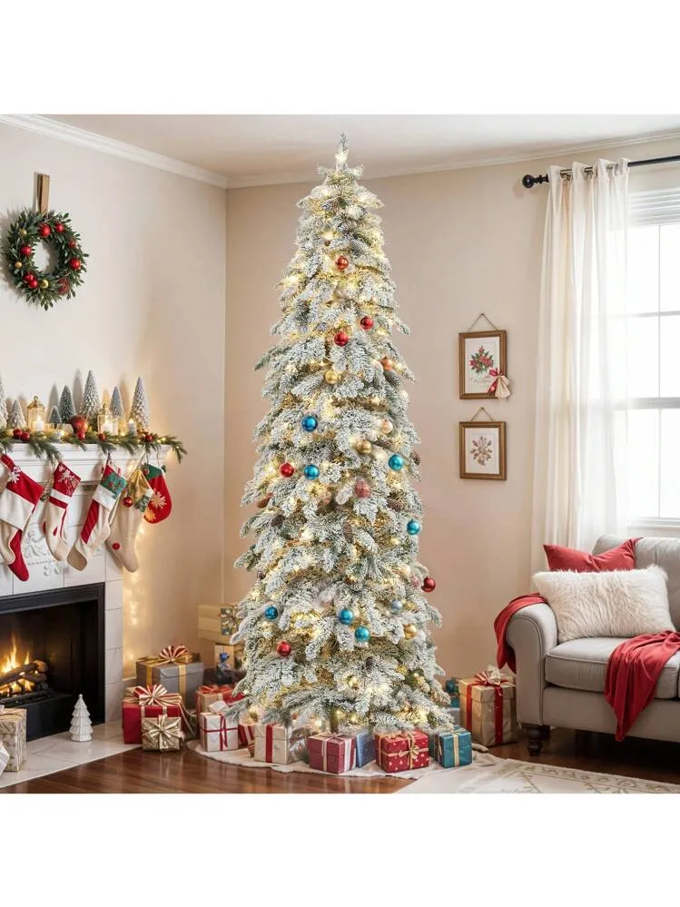 9ft Snow Flocked Pencil Spruce Artificial Christmas Tree With  Pinecones,Pre-Lit Holiday Christmas Pine Tree With 1642 Branch Tips,480  Lights, For Home, Office And Party Decor Christmas Decorations H